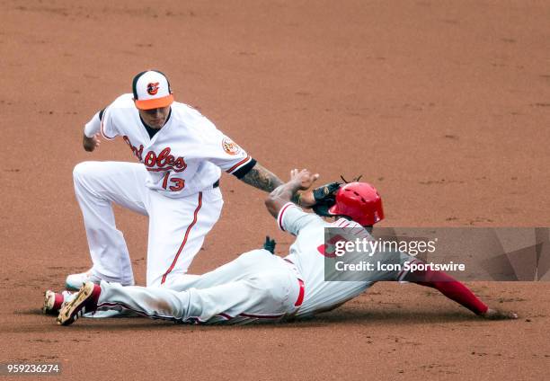 Baltimore Orioles shortstop Manny Machado has Philadelphia Phillies right fielder Nick Williams out stealing at second in the second inning during a...