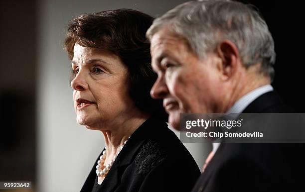 Senate Intelligence Committee Chairman Dianne Feinstein and committee ranking member Sen. Kit Bond answer reporters' questions following the...