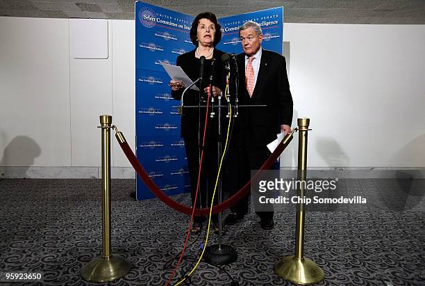 Senate Intelligence Committee Chairman Dianne Feinstein and committee ranking member Sen. Kit Bond answer reporters' questions following the...