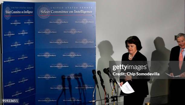 Senate Intelligence Committee Chairman Dianne Feinstein and committee ranking member Sen. Kit Bond arrive to talk to reporters following the...