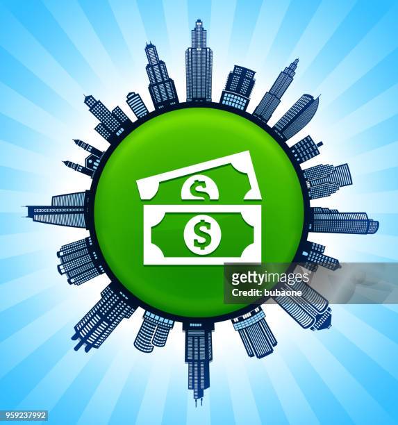 dollarscheine auf modernen stadtbild skyline hintergrund - stock market stock-grafiken, -clipart, -cartoons und -symbole