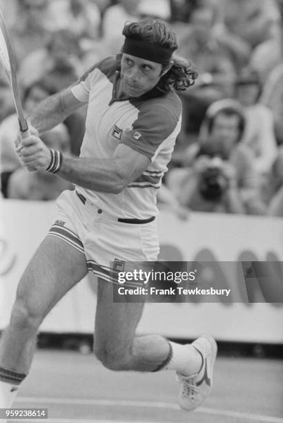 Argentinian tennis player Guillermo Vilas in action at Wimbledon Championships at the All England Lawn Tennis and Croquet Club in Wimbledon, London,...