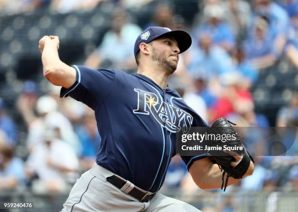 Starting pitcher Jacob Faria of the Tampa Bay Rays pitches during the 1st inning of the game against the Kansas City Royals at Kauffman Stadium on...