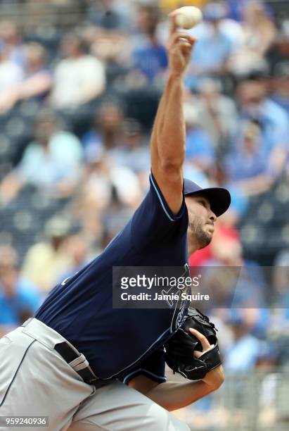 Starting pitcher Jacob Faria of the Tampa Bay Rays pitches during the 1st inning of the game against the Kansas City Royals at Kauffman Stadium on...