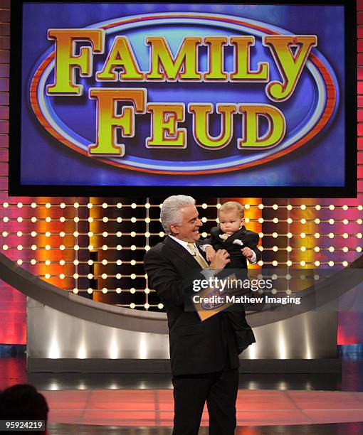 Host John O'Hurley and his 18 month old son William on the set of Family Feud on June 20, 2008 at KTLA in Los Angeles, California.