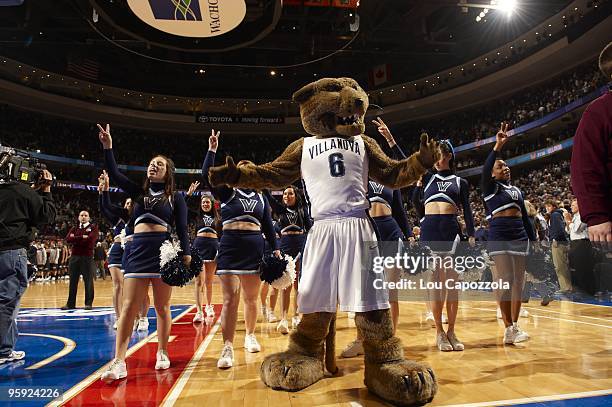 Villanova mascot Will D. Cat on court with cheerleaders during game vs Georgetown. Philadelphia, PA 1/17/2010 CREDIT: Lou Capozzola