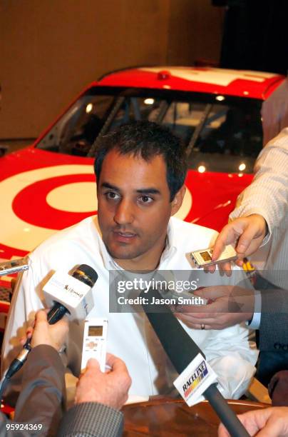 Juan Pablo Montoya, driver of the Target Chevrolet speaks with the media during the NASCAR Sprint Media Tour hosted by Charlotte Motor Speedway, held...