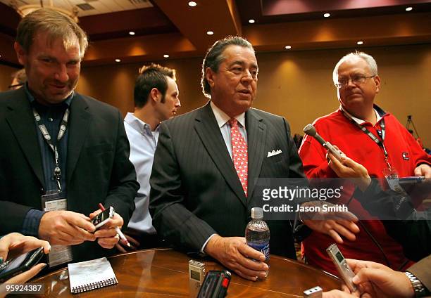 Team owner Felix Sabates speaks with the media during the NASCAR Sprint Media Tour hosted by Charlotte Motor Speedway, held at Embassy Suites on...
