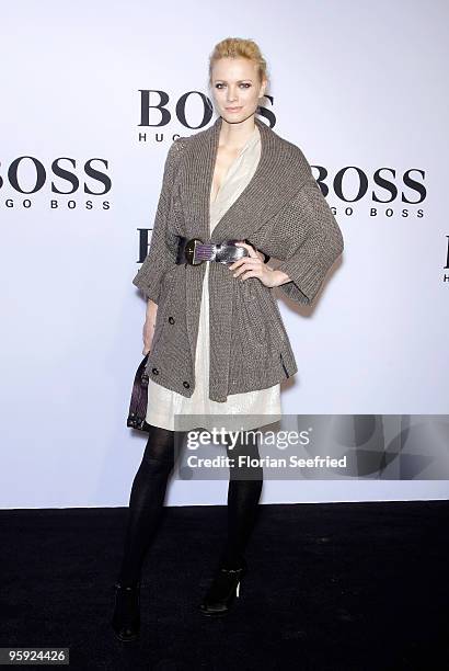 Model Franziska Knuppe arrives at the BOSS Black Fashion Show during the Mercedes-Benz Fashion Week Berlin Autumn/Winter 2010 at the Hamburger...