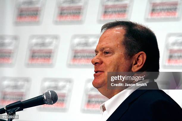 Team owner Chip Ganassi speaks with the media during the NASCAR Sprint Media Tour hosted by Charlotte Motor Speedway, held at Embassy Suites on...