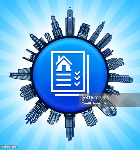 real estate listing on modern cityscape skyline background - real estate listing stock illustrations