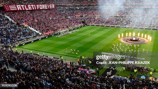 French DJ duo Ofenbach perfom during the opening ceremony before the UEFA Europa League final football match between Olympique de Marseille and Club...