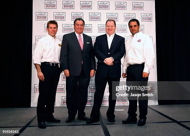 Team owners Felix Sabates and Chip Ganassi pose with Juan Pablo Montoya , driver of the Target Chevrolet, and Jamie McMurray , driver of the Bass Pro...