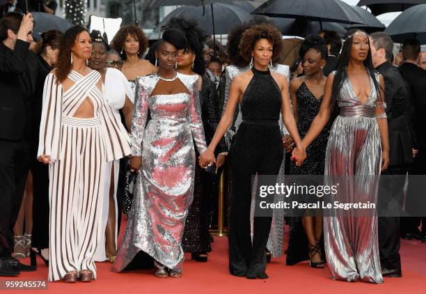 France Zobda, Aissa Maiga, Rachel Khan and Nadège Beausson-Diagne attend the screening of "Burning" during the 71st annual Cannes Film Festival at...