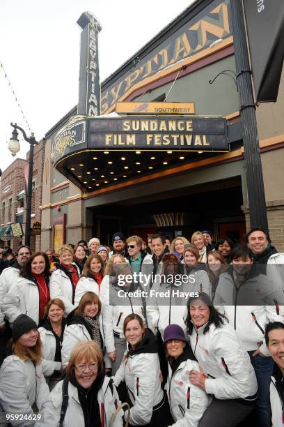 Sundance Institute President and Founder Robert Redford and designer Kenneth Cole pose with 2010 Sundance Film Festival volunteers outside the...