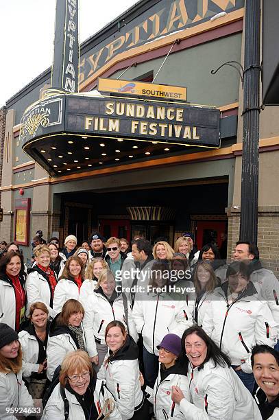 Sundance Institute President and Founder Robert Redford and designer Kenneth Cole pose with 2010 Sundance Film Festival volunteers outside the...