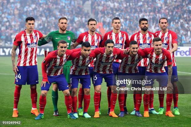 The Club Atletico de Madrid team lineup before the UEFA Europa League Final between Olympique de Marseille and Club Atletico de Madrid at Stade de...