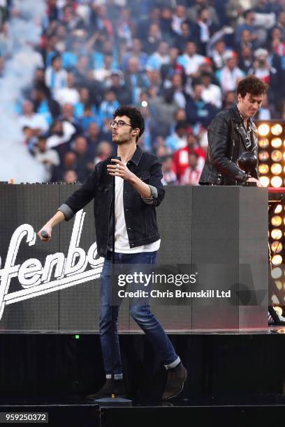 French DJ duo Ofenbach perform before the UEFA Europa League Final between Olympique de Marseille and Club Atletico de Madrid at Stade de Lyon on May...