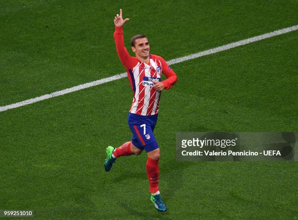 Antoine Griezmann of Atletico Madrid celebrates after scoring the opening goal of the game during the UEFA Europa League Final between Olympique de...