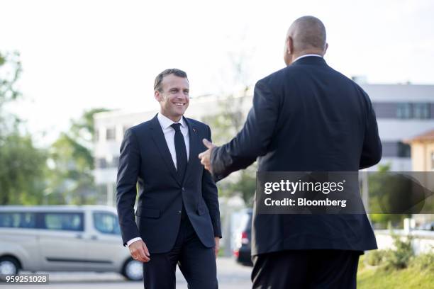 Emmanuel Macron, France's president, left, is greeted by Boyko Borissov, Bulgaria's prime minister, while arriving for a European Union heads of...