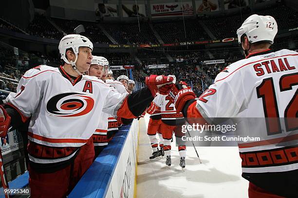 Rod Brind'Amour of the Carolina Hurricanes celebrates with Eric Staal after scoring a goal against the Atlanta Thrashers at Philips Arena on January...