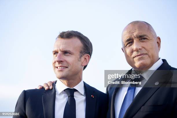 Emmanuel Macron, France's president, left, is greeted by Boyko Borissov, Bulgaria's prime minister, while arriving for a European Union heads of...