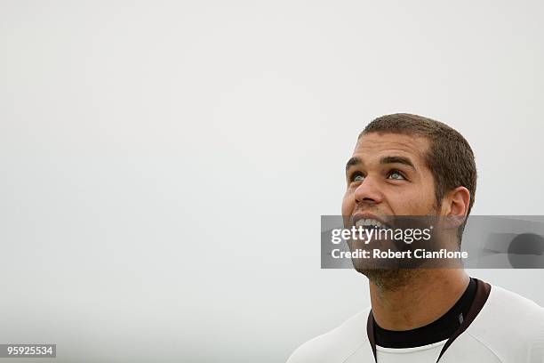 Lance Franklin of the Hawks looks on during a Hawthorn Hawks AFL training session at Toomuc Recreation Reserve on January 22, 2010 in Melbourne,...