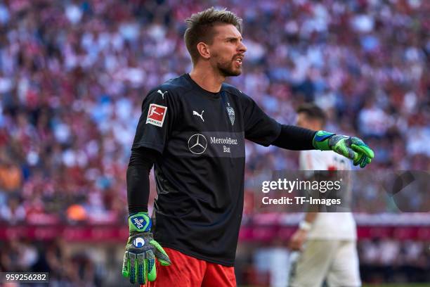 Goalkeeper Ron-Robert Zieler of Stuttgart gestures during the Bundesliga match between FC Bayern Muenchen and VfB Stuttgart at Allianz Arena on May...