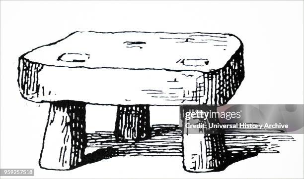 Woodblock engraving depicting a stool used in the game stool-ball. It is believed that the stool was placed on the ground, a player would then stand...