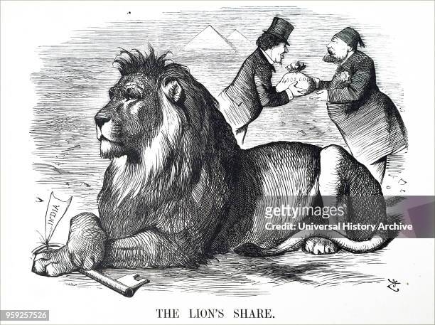 Political cartoon commenting on the British government authorising the Rothschilds to buy out the Khedive's share holding in the Suez Canal for å£4...