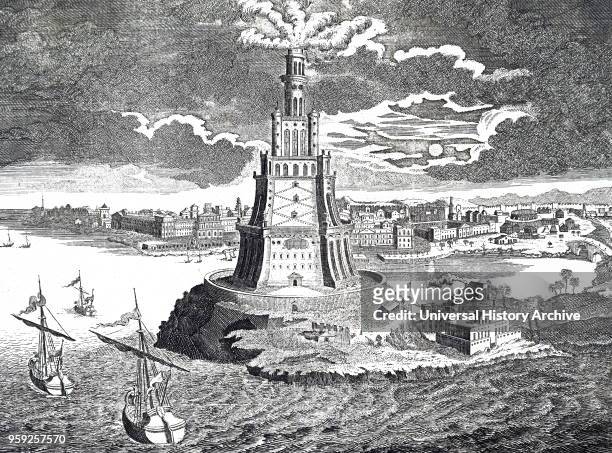 18th century representation of the great lighthouse of Alexandria which was built in 280 BC on the Island of Pharos. Dated 18th century.