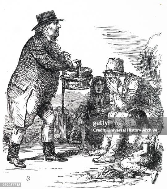 Cartoon commenting on the Irish Potato Famine. England, epitomised by John Bull, taking bread to the starving Irish peasants. The potatoes on which...