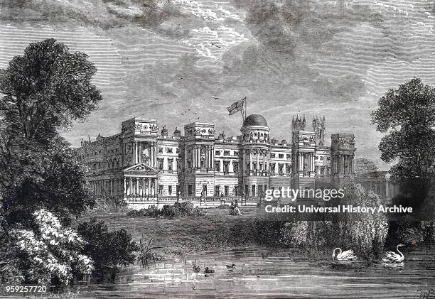 Engraving depicting Buckingham Palace from the Garden Front. Dated 19th century.