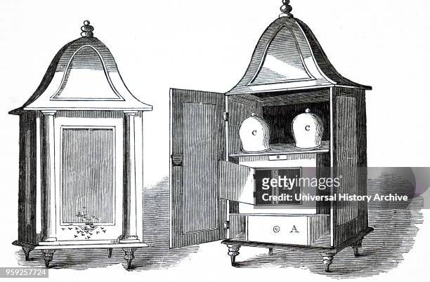Engraving depicting W.J. Pettit's Temple Beehive both closed and open . A) Feeding drawer, B) Parent Hive, C) Glass hives to be added when B) is...