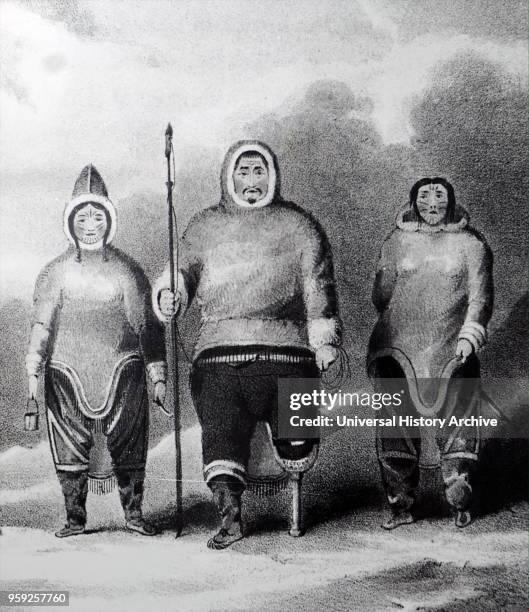 Illustration depicting Eskimos encountered by the Ross expedition led by John Ross. John Ross a British naval officer and Arctic explorer. Dated 19th...