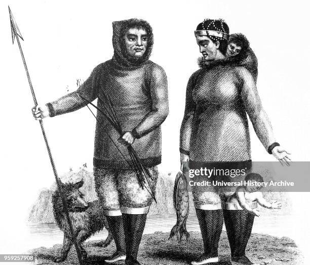 Illustration depicting Eskimos encountered by the Ross expedition led by John Ross. John Ross a British naval officer and Arctic explorer. Dated 19th...