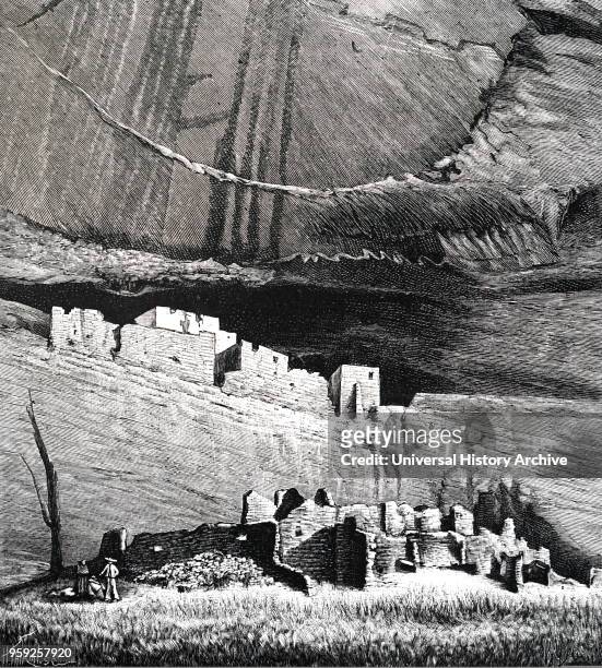Engraving depicting the ruins of prehistoric cliff houses of Pueblo Indians in New Mexico. Dated 19th century.