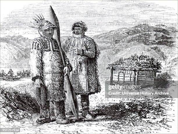 Engraving depicting natives of Unalaska, one of the islands in the Aleutian Islands. Dated 19th century.