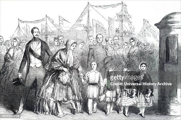 Engraving depicting Queen Victoria and Prince Albert with their four eldest children, on board the royal yacht 'Victoria and Albert' in Kingstown...