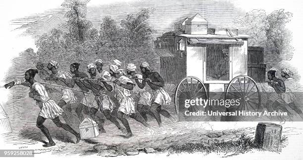 Engraving depicting an Indian Army officer travelling by a palanquin on wheels. About 20 men would pull the carriage along and could travel up to 100...