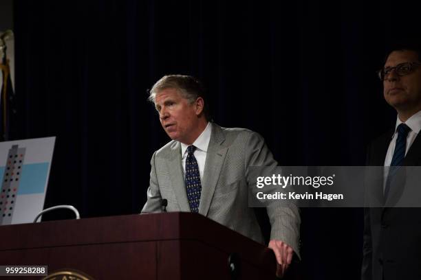 Manhattan District Attorney Cyrus Vance speaks during a press conference on May 16, 2018 in New York City. Vance announced yesterday that Manhattan...