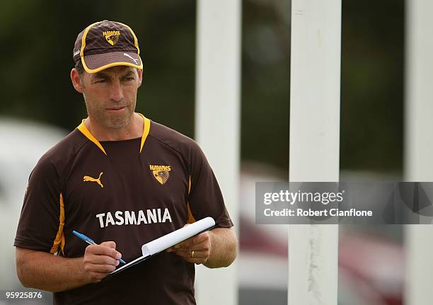 Hawthorn coach Alastair Clarkson looks on during a Hawthorn Hawks AFL training session at Toomuc Recreation Reserve on January 22, 2010 in Melbourne,...