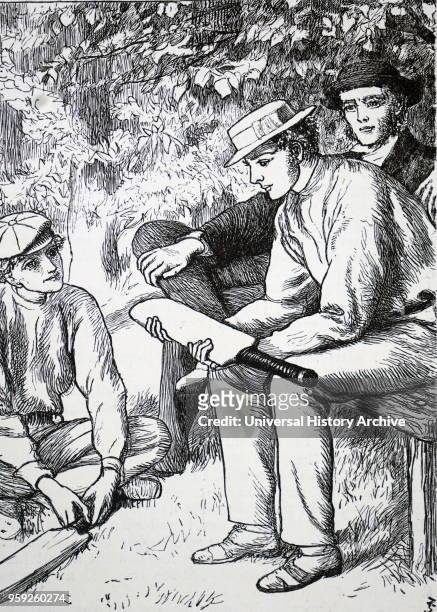 Engraving depicting a scene from 'Tom Brown's Schooldays': Tom, Captain of the team, in conversation with Arthur and one of the masters during the...