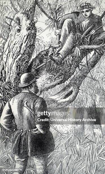 Engraving depicting a scene from 'Tom Brown's Schooldays': Tom caught a fishing on the forbidden bank of the river by 'Velveteens'. The keeper. Tom...