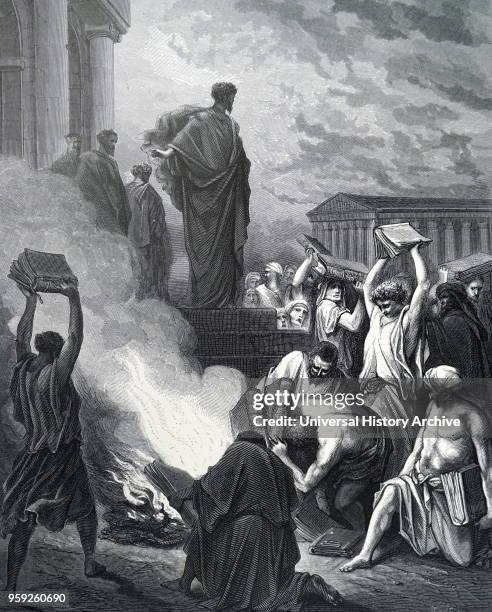 Engraving depicting the Book burning at Ephesus, an incident recorded in the Book of Acts in which Christian converts at Ephesus, influenced by Saint...