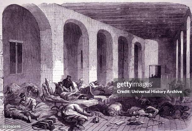 Engraving depicting the interior of a Russian military hospital, Sebastopol, during the Crimean War. Dated 19th century.