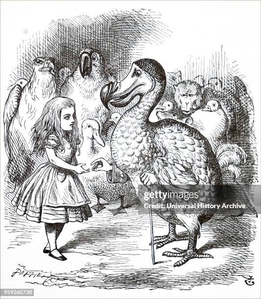 Illustration depicting a scene from Lewis Carroll's 'Through the Looking-Glass, and What Alice Found There' - Alice, having taken part in the Caucus...