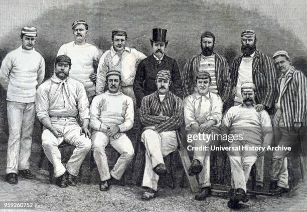 Engraving depicting the Australian touring team of 1888. Seated left to right: G.J. Bonnor, C.T.B. Turner, P.S. MacDonnell , H. Trott, A.C....