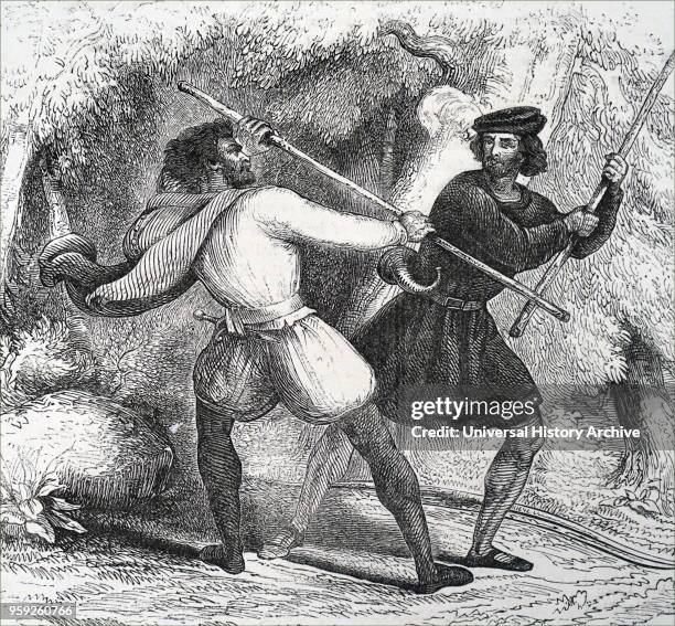 Engraving depicting Robin Hood, a legendary English folk hero and outlaw, champion of the poor. An expert with the longbow and quarter-staff. Robin...