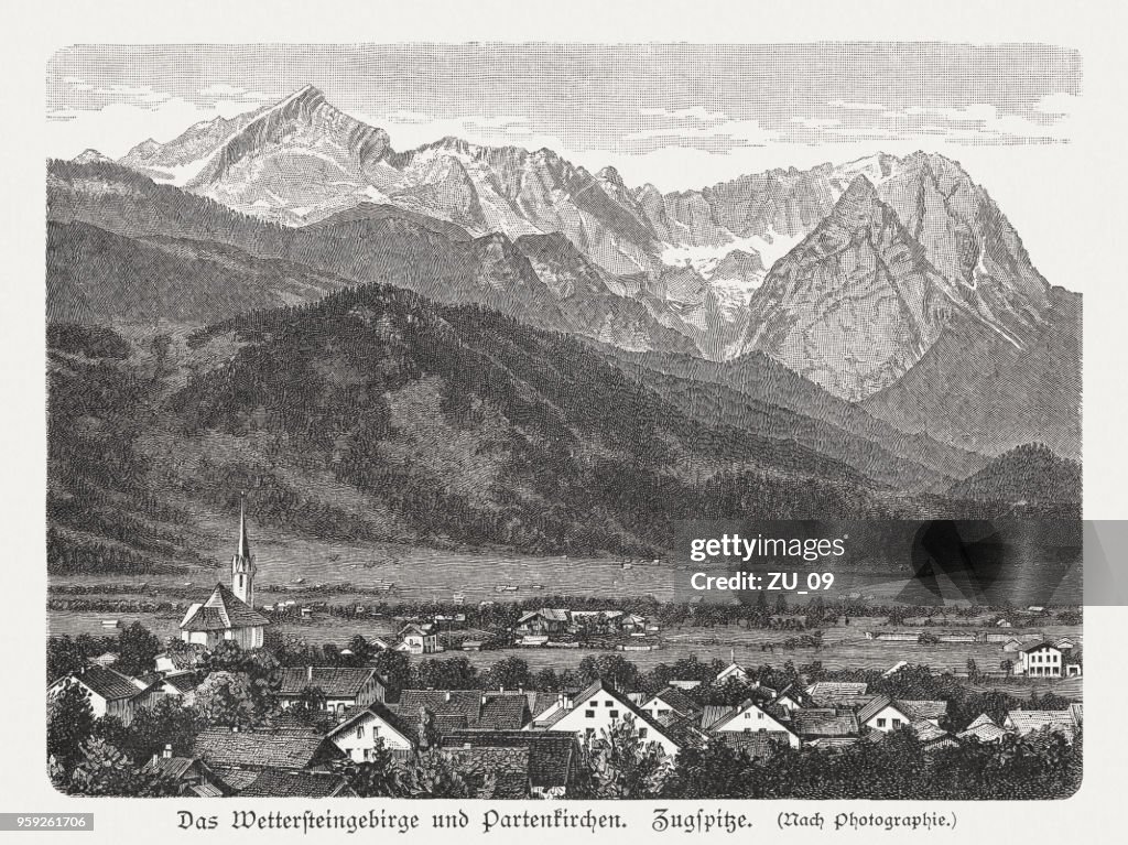 Wetterstein Mountains and Partenkirchen. Zugspitze, wood engraving, published in 1897